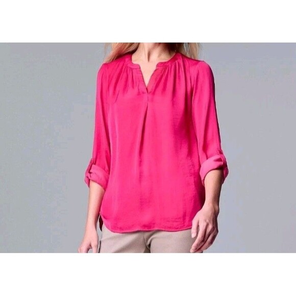 Simply Vera wang top Women Size Large Fucsia Color Silky Top Roll Tab Sleeves - Picture 1 of 15